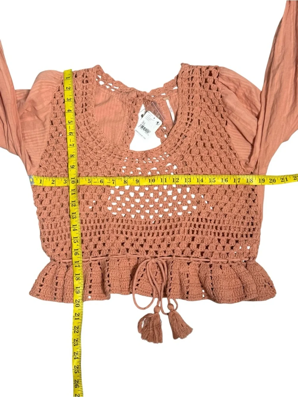 NWT Free People Megan Crochet Peplum Top Coral Sand Boho XL
